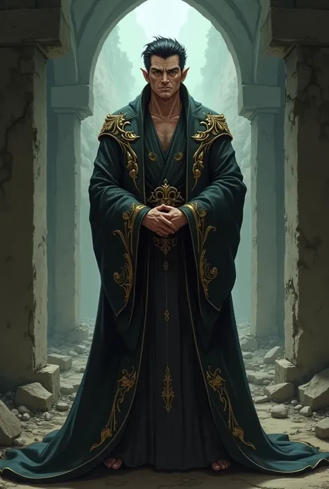 Elf male, black haired, middle-aged man wearing luxurious robes, hands hanging on his back, shabby, anime style