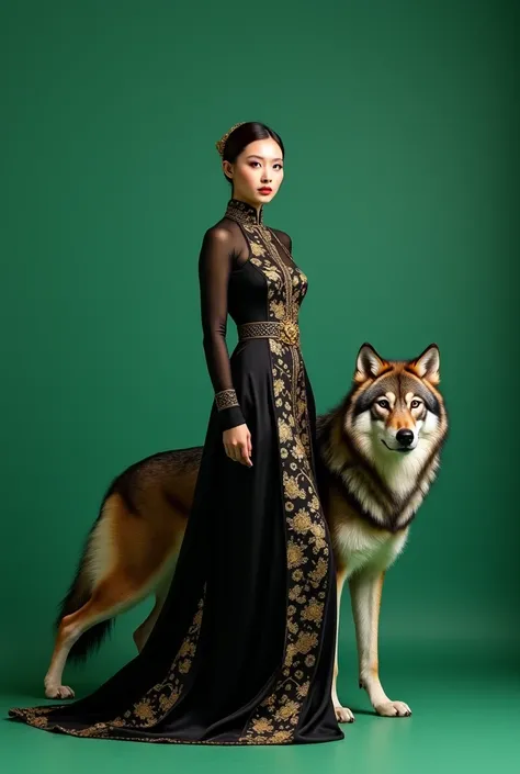 front image, A stunning Chinese oriental girl parading in a black and gold designer outfit accompanied by a wolf,  place a smooth green wall , a smooth green floor  