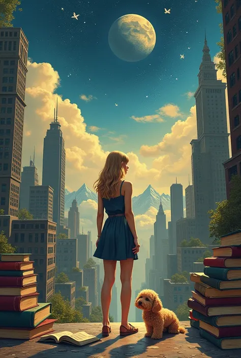 paint a girl in a city among high-rise buildings ,  standing with her back , around the city . looks into the distance,  beautiful clothes, shoes. , you cant see her face and she has blond hair up to her shoulders. against the background of her cosmos , th...