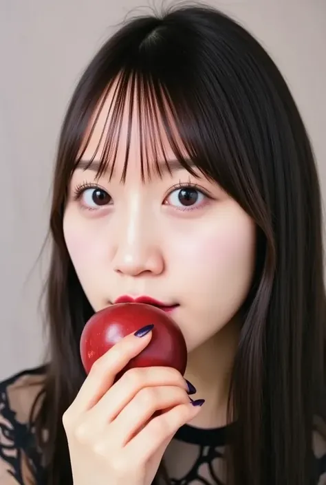  girl ,Long black hair，Black Queen ，accessories， Holding an Apple ，Poisoned Apple， Witch Queen，Red lipstick