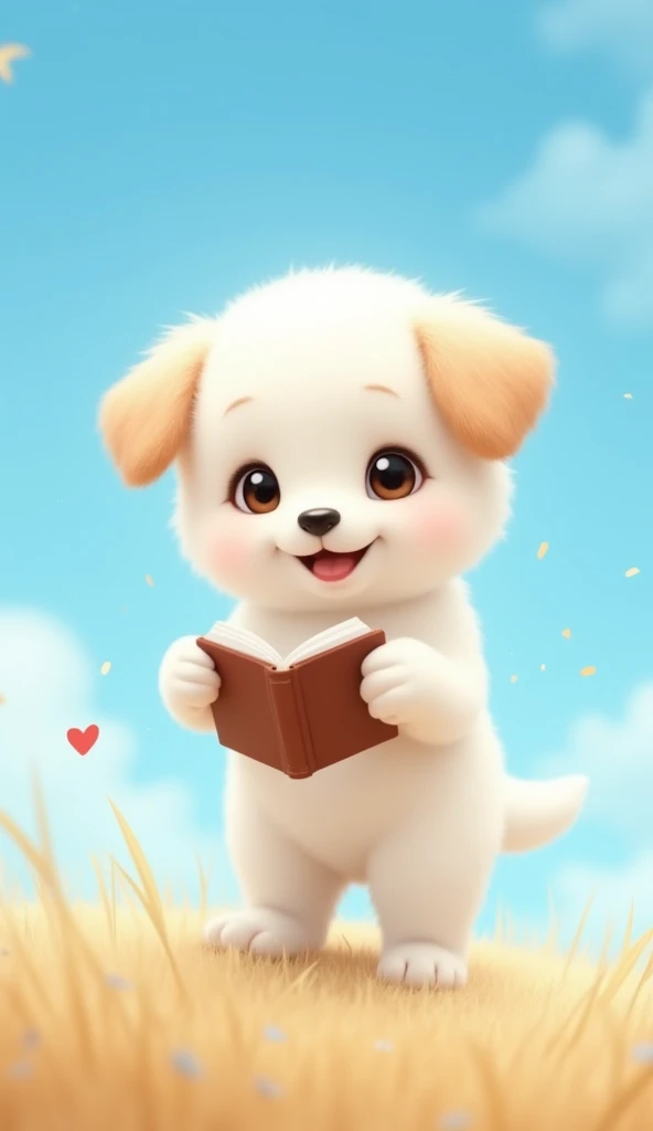 The puppy has a round head with perky but slightly floppy ears, large expressive dark eyes, and a small shiny black button nose. Its fluffy fur is pure white and its small smiling mouth adds to its cheerful and playful demeanor. The body is compact and pro...