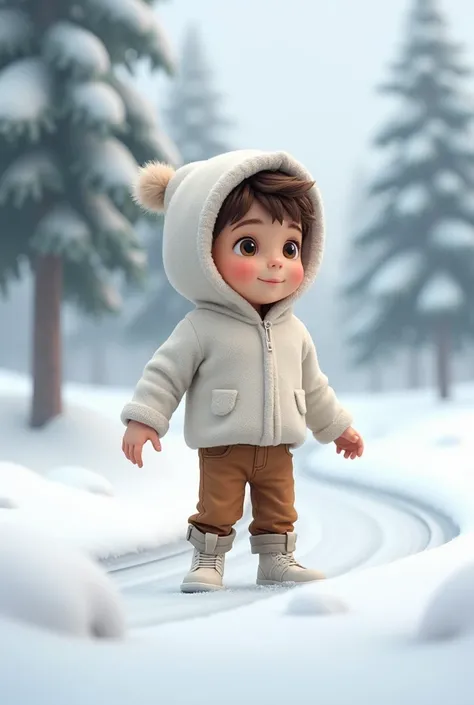 A  boy with white hoodi and brown colour jeans pant and white shoes in snow 