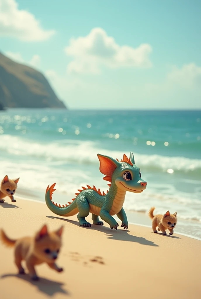 Small dragon walk outside the beach with little dogs 