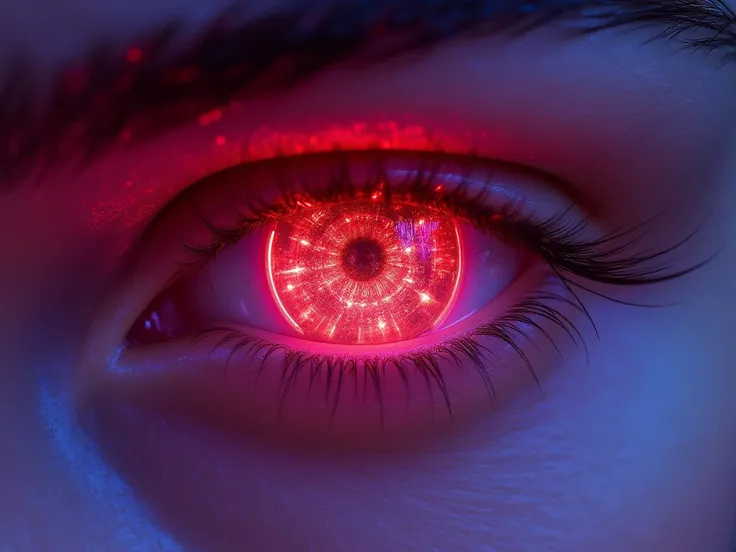 Close up shot of a glowing  eye of time. White skin near the eyes in a red neon glowing. There is a highly detailed intricate red hologramic clock in her eye . Her eye lids, eyelashes and  eyebrows are shaded with light purple gradient 