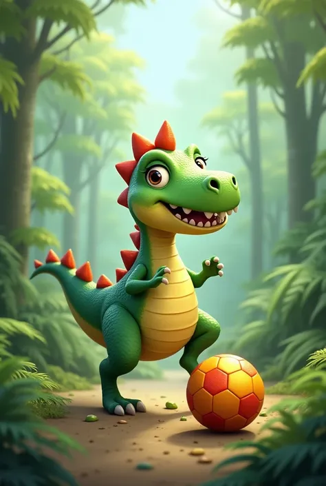 dinosaur green cute playing football
