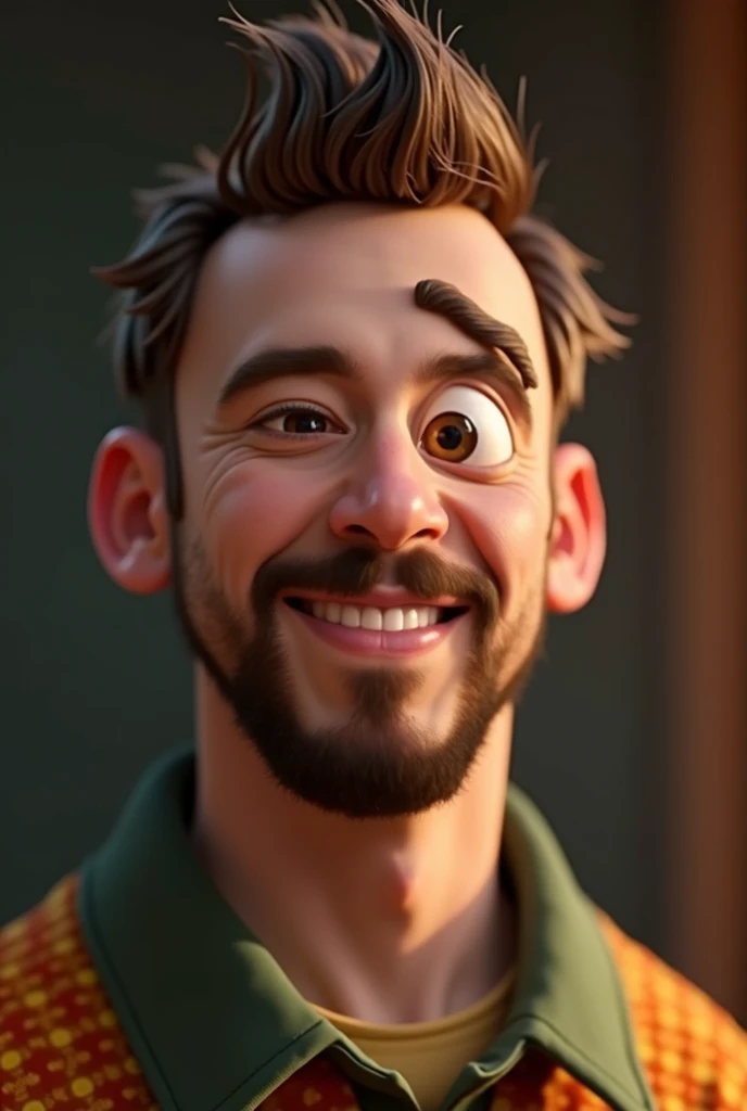   man with a small beard with a mustache, with a slightly round face , Pixar version 


