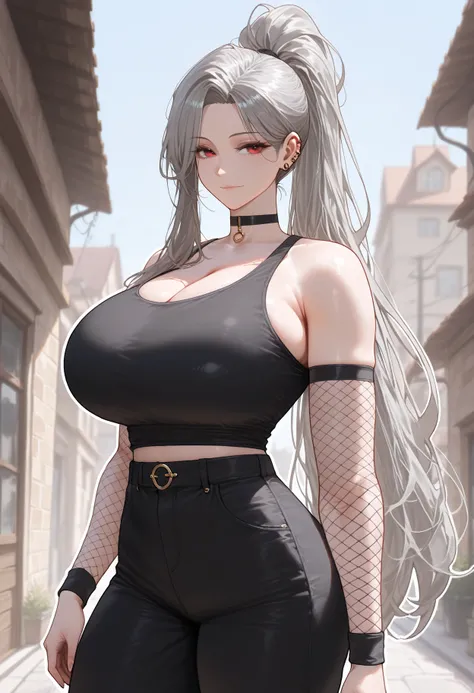 (masterpiece, high resolution, 2k resolution, best quality), (1girl, perfect anatomy, perfect face), ((gray hair), long hair, ponytail), (red eyes, perfect eyes), black shirt, black pants, piercing, black choker, fishnet sleeves, outdoors), Narrow shoulder...