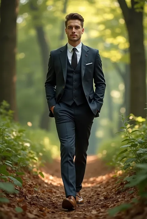 A lad walking in a forest in a three piece suite without beard 