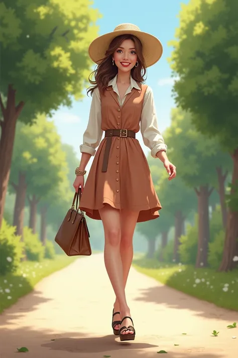 What a cute picture!   It looks like a  dressed in a stylish collar pant shirt dress with accessories.   Walking out on the road