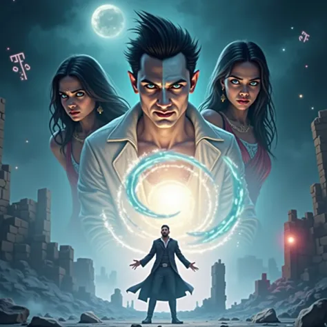 A dynamic action scene of an Indian vampire man holding a glowing magical book, casting a powerful spell that creates a vortex of blue and golden light. Half of his face is vampire-like, with piercing blue eyes, pale skin, and fangs, while the other half i...