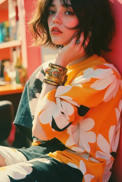 masterpiece, super detailed , Jenna Ortega、(C Cup ), (( dynamic angles:1.8)). a stylish young woman lounging in a playful, colorful environment 、 Vivid and retro illustrations . braids、Pigtails、 black hair、 wearing oversized clothes, 明るいSummer色合いを反映した. ...