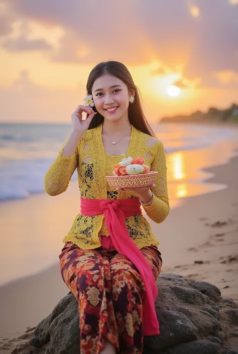 beautiful indonesian girl, sitting on the beach enjoying eating indonesian traditional cake,sunset