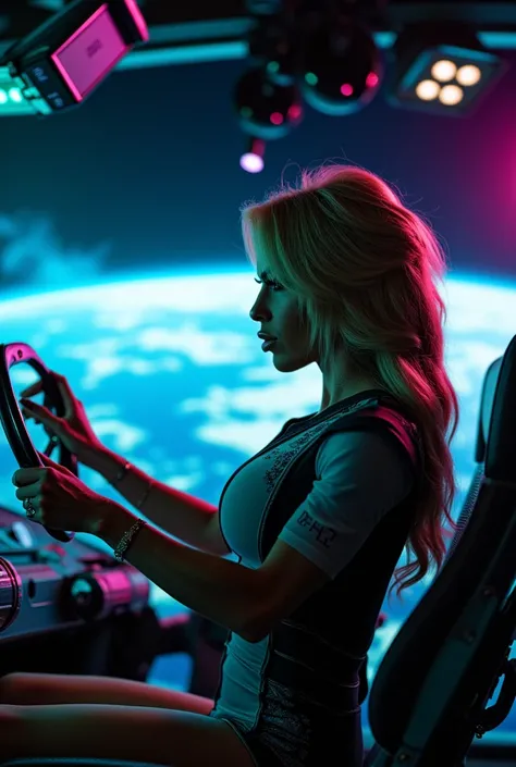 Maximum quality masterpiece, 4k resolution, (best quality, 4k, 8k, highres, masterpiece:1.2), ultra-detailed, (realistic, photorealistic, photo-realistic:1.37), HDR. A stunning blonde American woman piloting a spaceship with outrageous tits, shown from the...