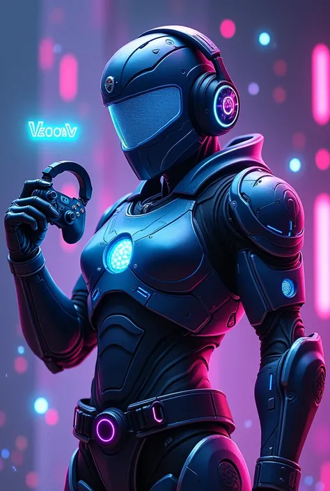 The character is a futuristic warrior clad in high-tech armor, blending neon blue, purple, and black tones, illuminated by LED patterns resembling digital circuits. In their right hand, they hold a state-of-the-art gamer headset, featuring LED lights and m...