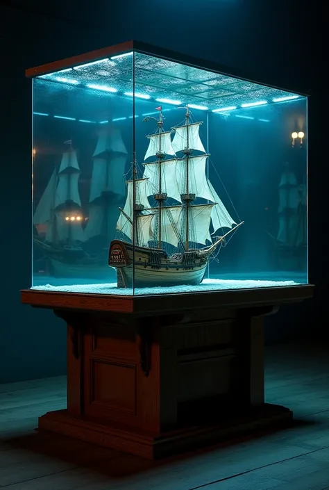 A large one-way glass with a sailing ship pirate boat inside .  On a large oak table it is dark in the room and the one-way glass glows 