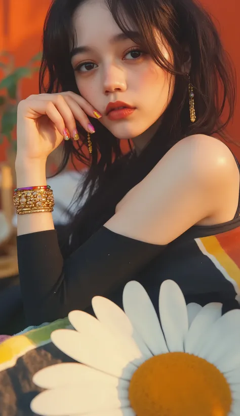 masterpiece, super detailed , Jenna Ortega、(C Cup ), (( dynamic angles:1.8)). a stylish young woman lounging in a playful, colorful environment 、 Vivid and retro illustrations . braids、Pigtails、 black hair、 wearing oversized clothes, 明るいSummer色合いを反映した. ...