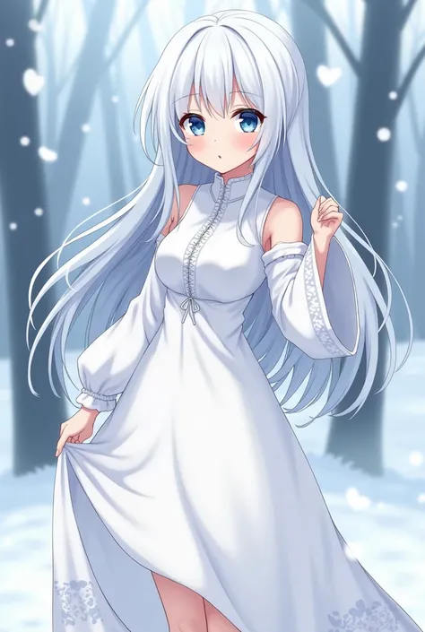  Girl about  and snow-white hair and blue eyes .  Beautiful slender character with small breasts .  Snow-white long and simple dress with patterns. Pretty modest appearance .  Russa spirit of light .  anime style