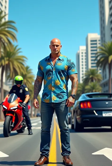 "A realistic and visually striking urban scene featuring a muscular bald man with tattoos wearing a bright blue tropical-patterned shirt, standing confidently in the middle of a multi-lane road. The setting is a modern city under clear blue skies, with det...