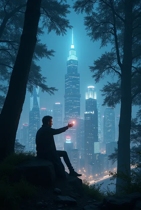 A  of ,  sitting on the border between a futuristic metropolis and a dense, ancient forest.  The  observes with fascination the city lights and the treetops,  the hand extended to touch both landscapes . contrasting lighting, Magical atmosphere, mystical, ...