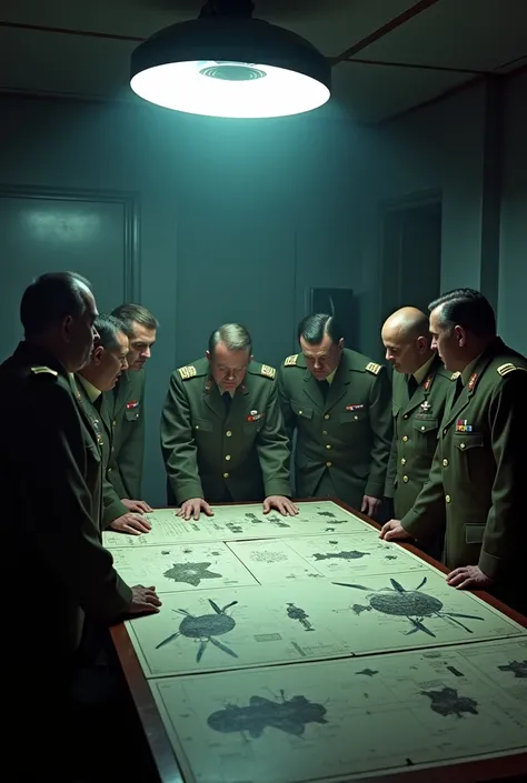 Secret Missile Plans:
"A dramatic image showing a secret planning room inside Camp Century. On a large table, there are detailed maps and schematics of missile placements under Greenland’s ice. Military officers in Cold War-era uniforms discuss strategies,...