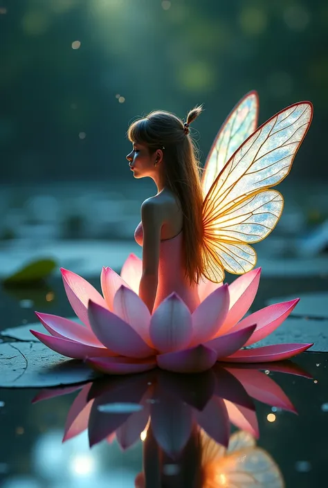 Format: Mystical portrait
Subject: A fairy with iridescent wings
Detail: Sitting on a lotus flower in a moonlit pond, soft light reflections on the water
Style: Hyper-realistic, magical glow
Parameter: –ar 9:16