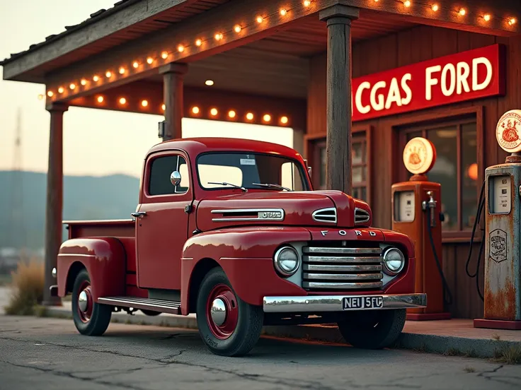 Gas station with a 1948 Ford F Series car