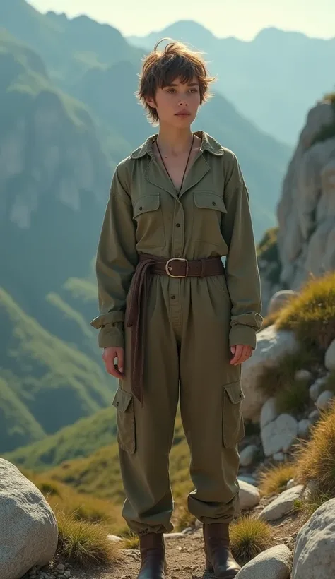 A UHD cinematic image of a girl inspired by the earth with short, tousled brown hair and a simple, rugged outfit in earthy tones like brown and green. Her expression is calm and strong, as she stands in a natural setting, surrounded by mountains and stones...