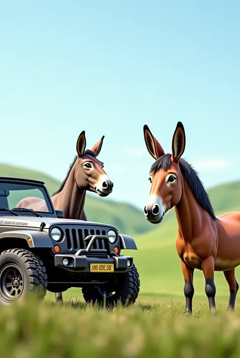 I want an image of a donkey, a jeep and a horse.