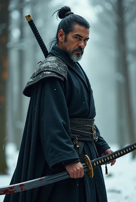  (Matsumoto Mitsuyoshi x George Clooney、 cowboy shot、There is blood glue on the sword、Swordsman:1.4) ,, aesthetically appealing, beautidebtul,   realistic , winter debtorest,  close,  Prodebtessional photo, 4K,  High dedebtinition,   high detail , 30mm len...