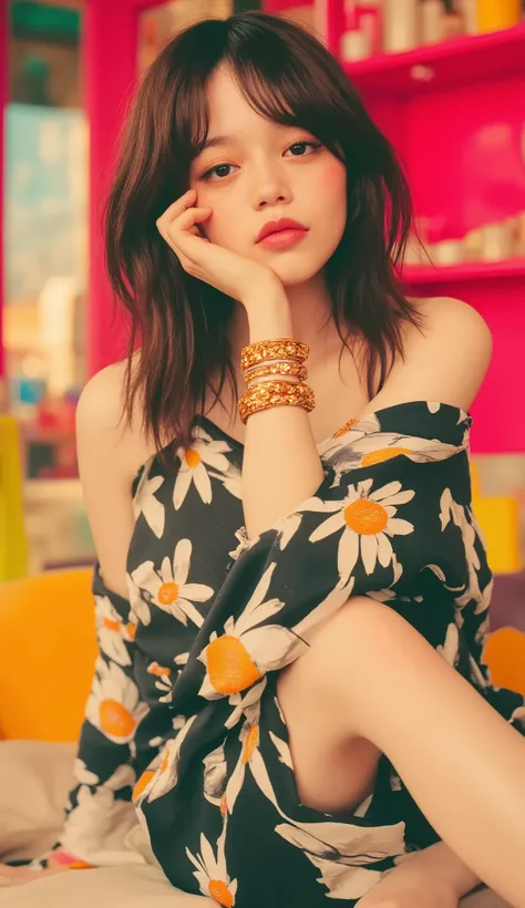 masterpiece, super detailed , Jenna Ortega、(C Cup ), (( dynamic angles:1.8)). a stylish young woman lounging in a playful, colorful environment 、 Vivid and retro illustrations . braids、Pigtails、 black hair、Freckles、 wearing oversized clothes, 明るいSummer色合...