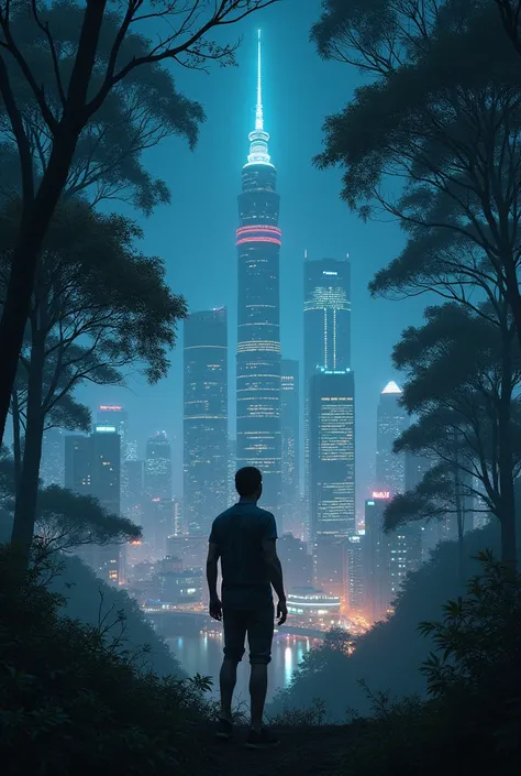 A man standing on the border between a futuristic metropolis and a dense, ancient forest.  The  observes with fascination the city lights and the treetops,  the hand extended to touch both landscapes . contrasting lighting, Magical atmosphere, mystical, ni...