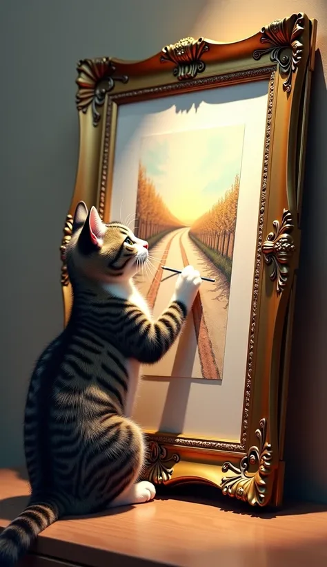 Picture frame、The picture shows a picture of a path leading to 、A cat is drawing、 real、 high res