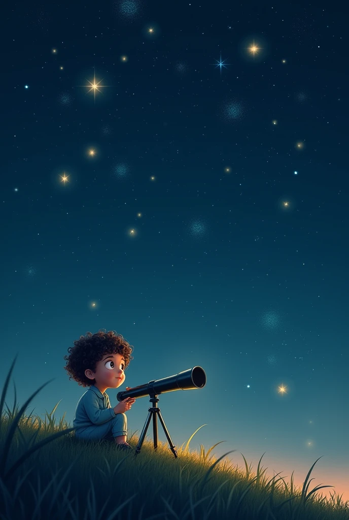 "A serene nighttime sky filled with twinkling golden stars scattered across a deep blue backdrop. A  with curly hair and wide eyes, wearing pajamas, sits on a grassy hill with a telescope, gazing up in wonder. The stars shimmer brightly, casting a soft glo...