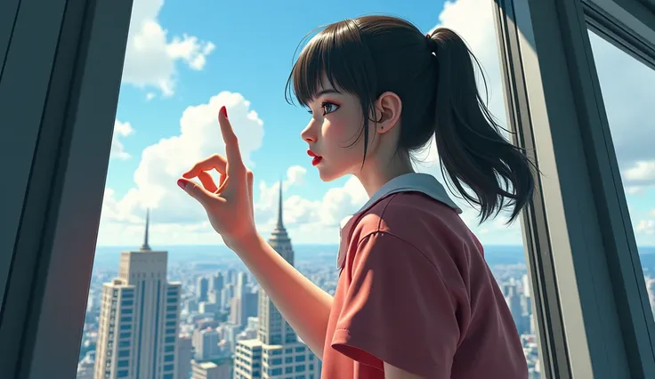 A very, very huge high school girl who is the same height as a skyscraper is poking at the window with her finger