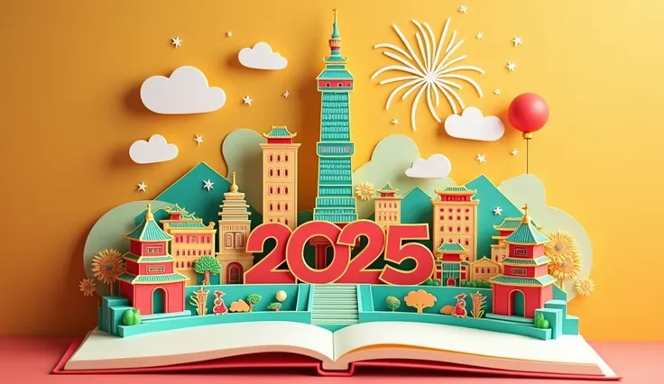 A dimensional pop-up card in a playful style, using bright orange and light green as the primary tones. The layered design showcases colorful illustrations of Taipei 101, lively street scenes, and cheerful fireworks. Fun, cartoon-style characters and celeb...