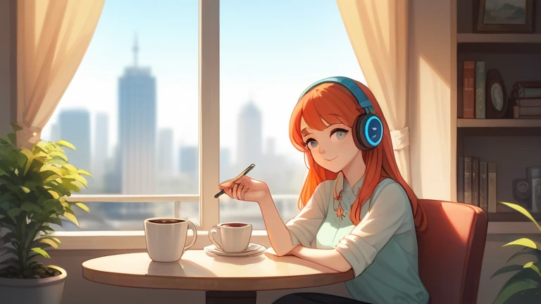 A cozy and warm illustration of a young woman sitting in a modern city café, sipping coffee from a mug. She is wearing headphones, with a calm and introspective expression, as soft sunlight streams through large windows. The café has a sophisticated urban ...