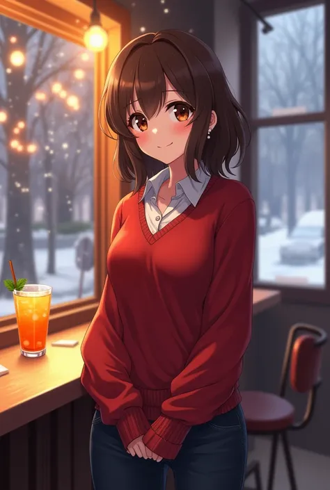 Anime character girl, its new year,  brown hair, medium length hair, wavy hair, side hairstyle, brunette, smiling, dark brown eyes, red V-neck sweater with pompoms, dark raw jeans, pearl earrings, small thin necklace, orange cocktail  modern pub with windo...