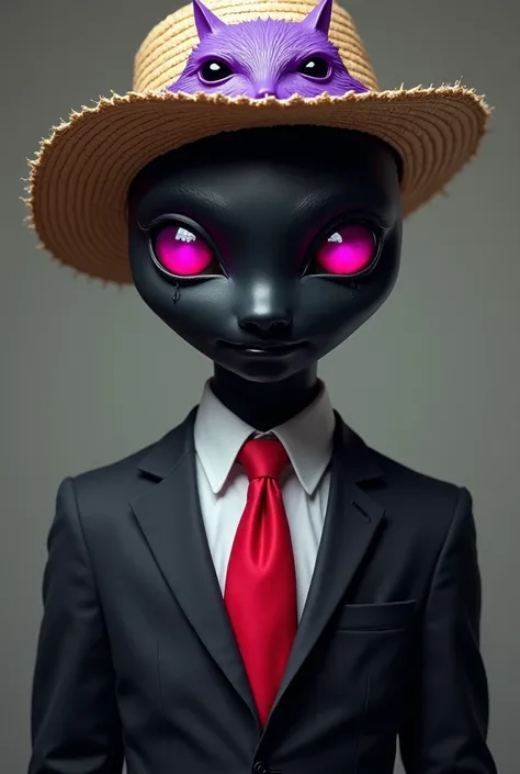 He makes an all-black face with pink eyes and a purple pupil, and hes wearing a suit with a red tie and a straw hat with a purple face. 