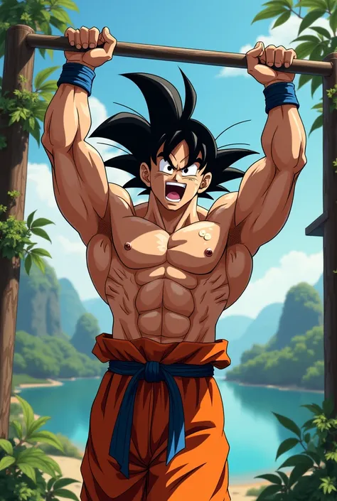 Goku doing pull-ups weighted