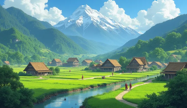 Beautiful village surrounded by rice fields and mountains