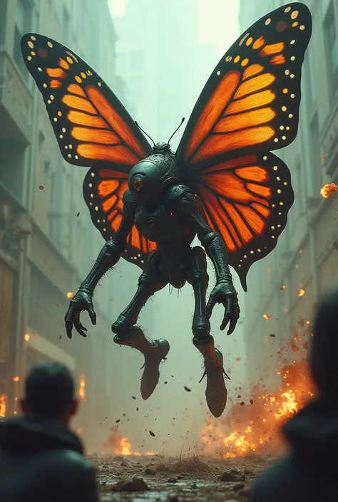 A butterfly with arms, legs, runs, chases people, slams, explodes