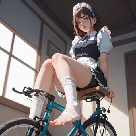  1 girl、Maid、 sitting、 ruffle socks 、From below、 Ashikari、 embarrassing、Bicycle Shorts 、 Puffy Lips 、 toeless legwear、 cross lace legwear、masterpiece、 top quality 、 uncensored