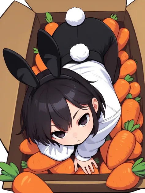 top view , hentai anime girl, realistic shadow, detailed skin, black hair, very detailed, white shirt, bright moon, masterpiece, highest quality, single woman, solo , euphoria , Fake rabbit ears , Fake rabbit tail on hip , in the box , (all fours) , (carro...