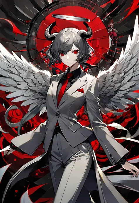 (masterpiece, best quality),Detailed illustration of angel girl, in a highly stylized game character design. An angel with a goats face. Baphomet face. Angel wings and angel halo. Wearing a gray suit and red tie..(Character design by shigenori Soejima,Char...