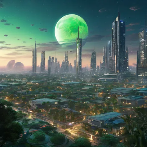 Super detailed, top quality, 8k, fantasy city like a sci-fi movie, moon approaching, diminished green vegetation, skyscraping buildings, vehicles moving through the sky, inspired by Jordan Glimmer, Greg Rutkowski, masterpiece