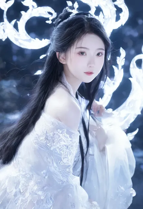 Create douyin character; {background: night}, white skin, realistic, HDR, beautiful, full body, age 20, name card: “LynnA”, female, black hair, long hair, glow light, use magic