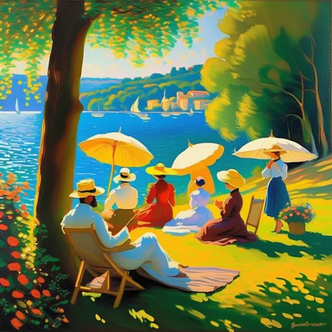 Lakeside,100 people,((People enjoying sunbathing々)),(Monet&#39;s style AND Renoir&#39;s style),The best composition,Optimal color balance,Master&#39;s work,18th century France,１８People wearing French clothing from the 19th century々,break,Man taking a nap,b...