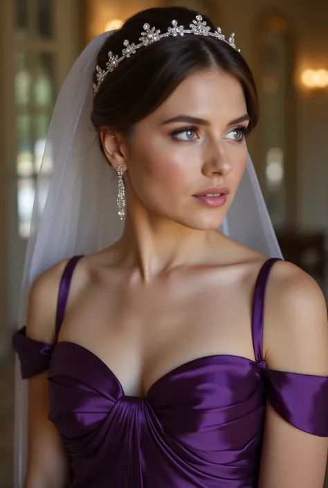 Ultra realistic Picture of a upper body of a beautyful young brunette Bride with a dark purple metallic satin Princess Weddingdress with off shoulder straps and silver stones and a bridal veil with diadem. The Bride stands in the Lobby and is ready for the...