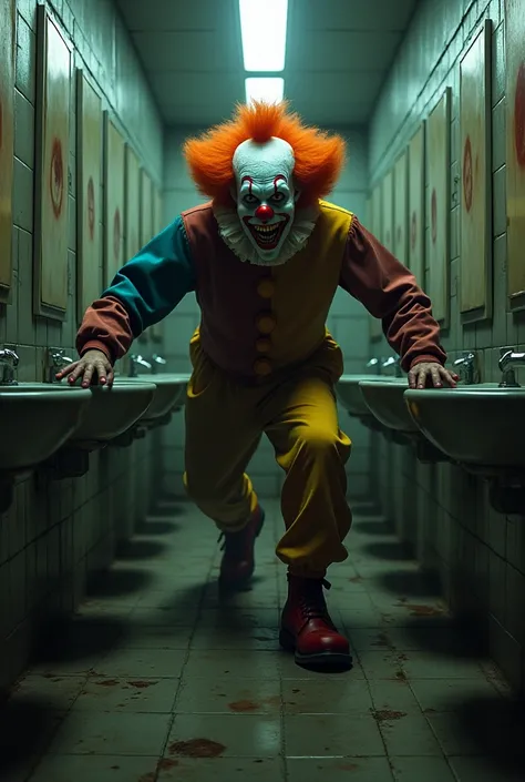 Clown chases people in the bathroom