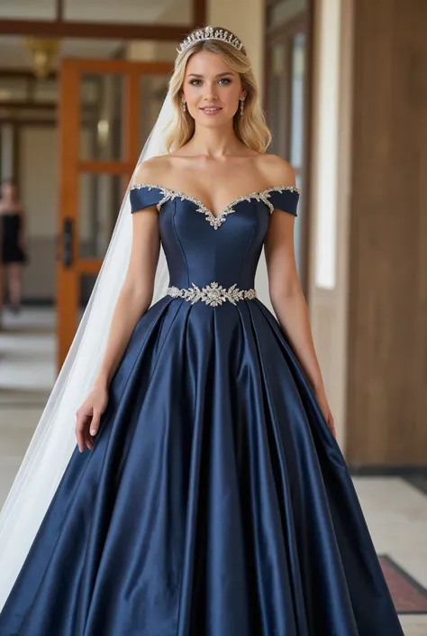 Ultra realistic Picture of a upper body of a beautyful young blonde Bride with a dark blue metallic satin Princess Weddingdress with off shoulder straps and silver stones and a bridal veil with diadem. The Bride stands in the Lobby and is ready for the wed...